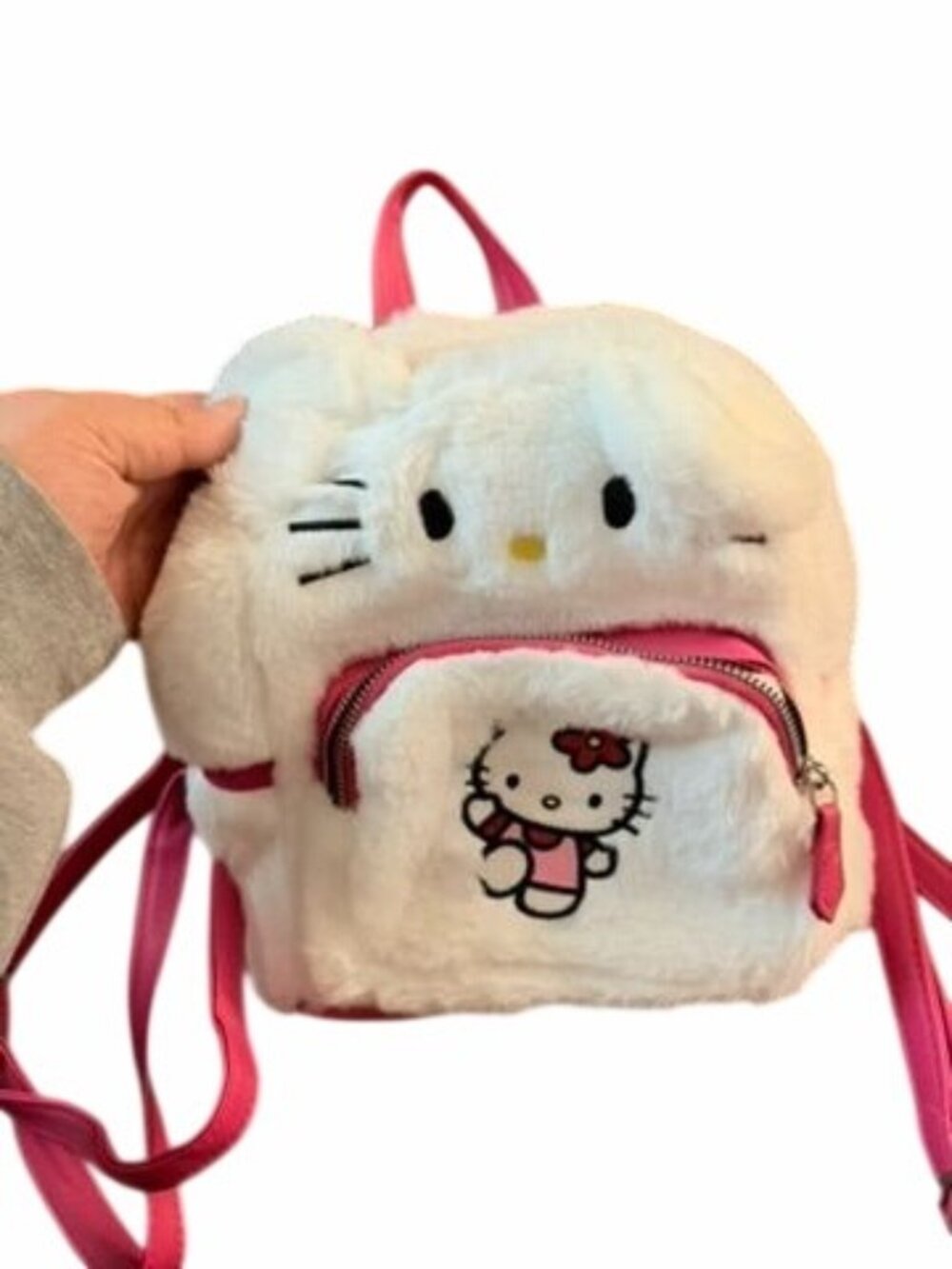 Hello Kitty White & Pink Faux Fur Mini Backpack With Adjustable Straps & Front Z
